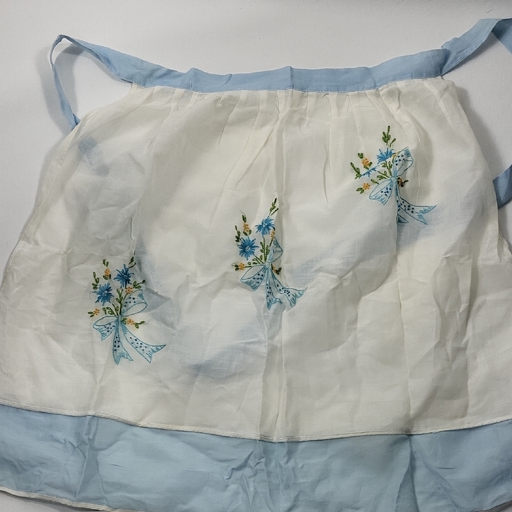 Embroidered Apron with Blue Floral Design Handmade